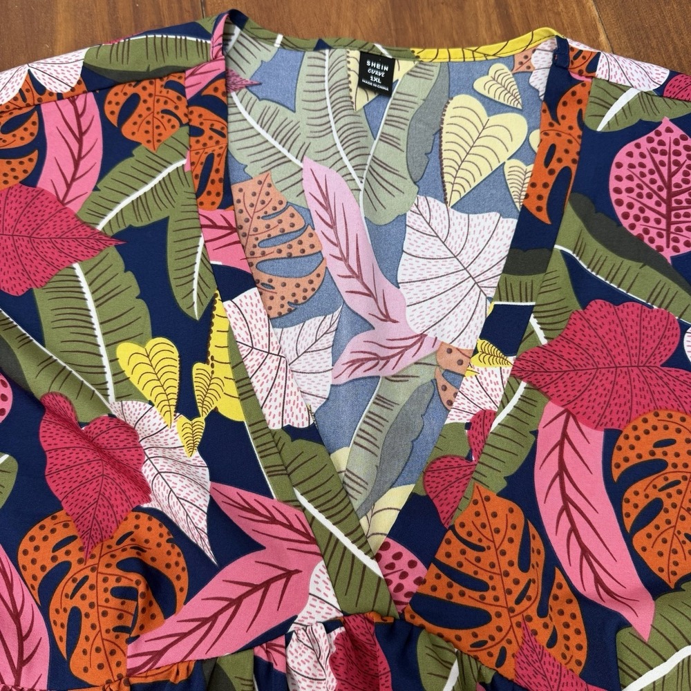 SHEIN Curve Plus 1XL Tropical Floral A-Line Dress Multicolor Ruffle Lightweight - Picture 4 of 8
